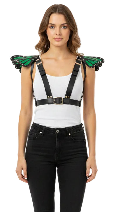 Black With Green Vegan Leather Butterfly Wings