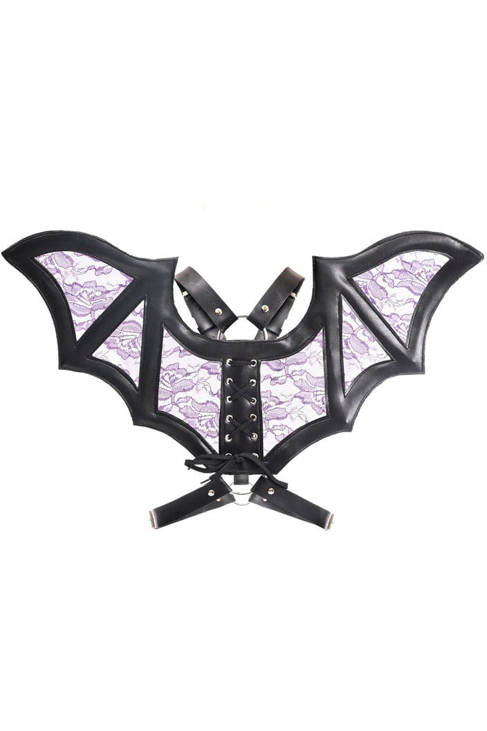 Black with Purple Faux Leather & Lace Wing Harness featuring bold bat-like wings, adjustable straps, and front harness, ideal for enhancing lingerie or festival outfits.