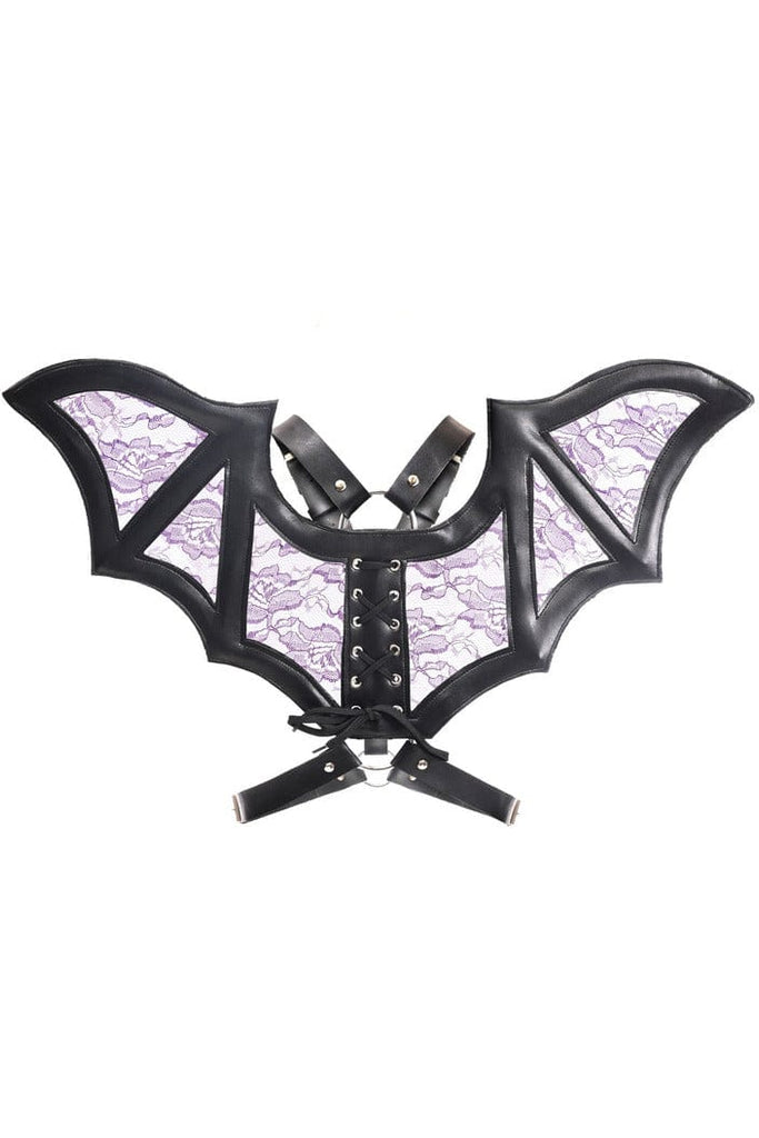 Black with Purple Faux Leather & Lace Wing Harness featuring bold bat-like wings, adjustable straps, and front harness, ideal for enhancing lingerie or festival outfits.