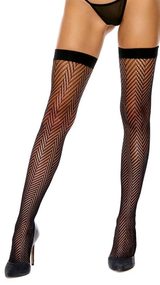 Woman modeling Black Zig Zag Crochet Thigh High Stockings, hugging curves for an alluring look; perfect for enhancing any lingerie ensemble.