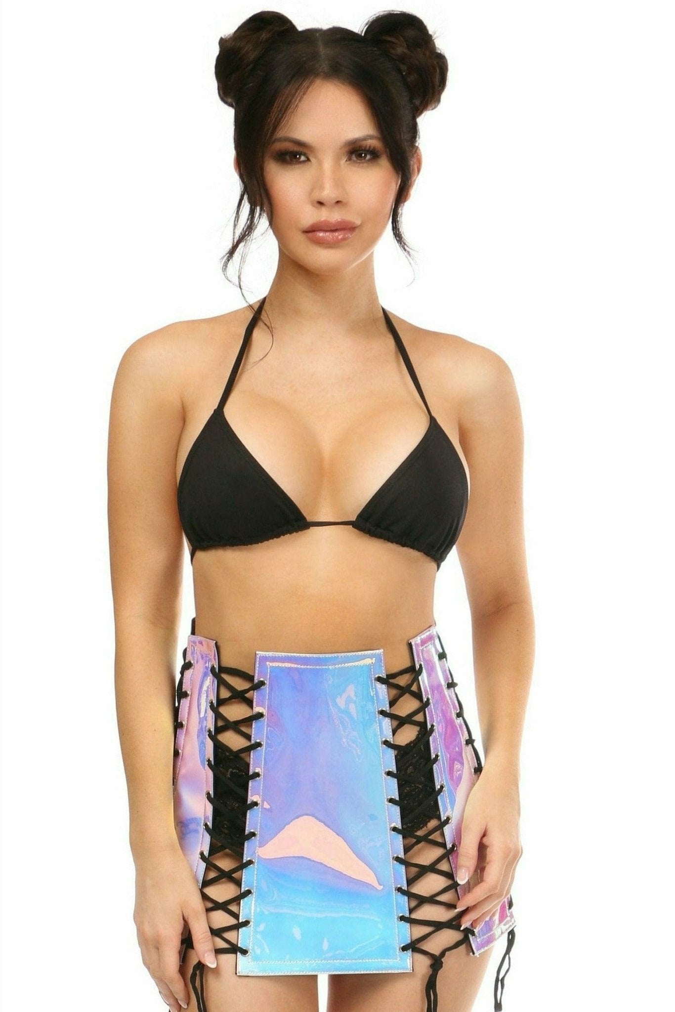 Woman models Blue with Purple Hologram Lace-Up Skirt featuring a vibrant, holographic design with lace-up front detail and back zipper, styled for a night out.