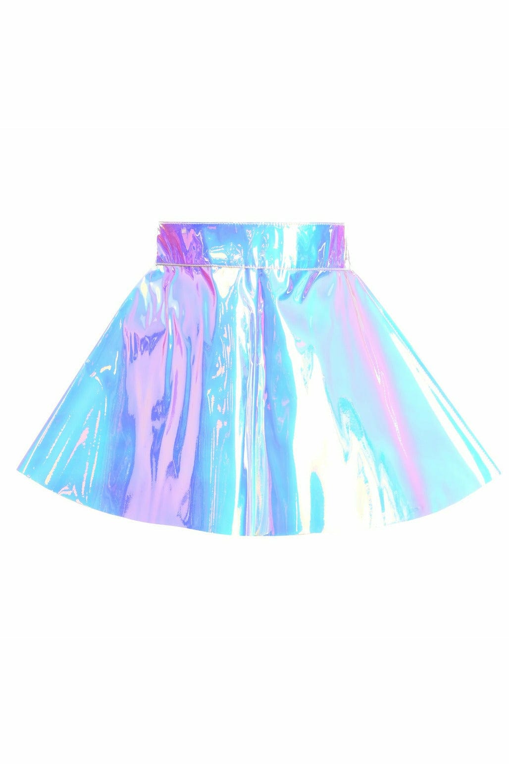 Blue with Purple Hologram Skater Skirt featuring a holographic finish, zipper closure, and snap at the back, perfect for club or festival wear.