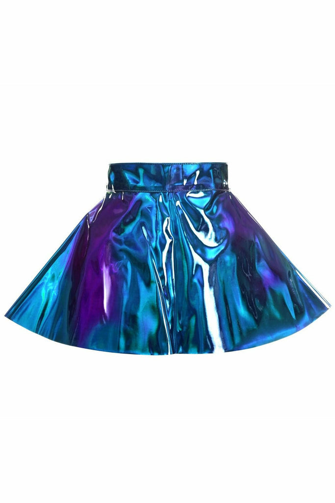 Blue with Teal Holo Gram Skater Skirt featuring a shiny, textured design, zipper back closure, and snap for adjustable fit, ideal for skating or festival wear.