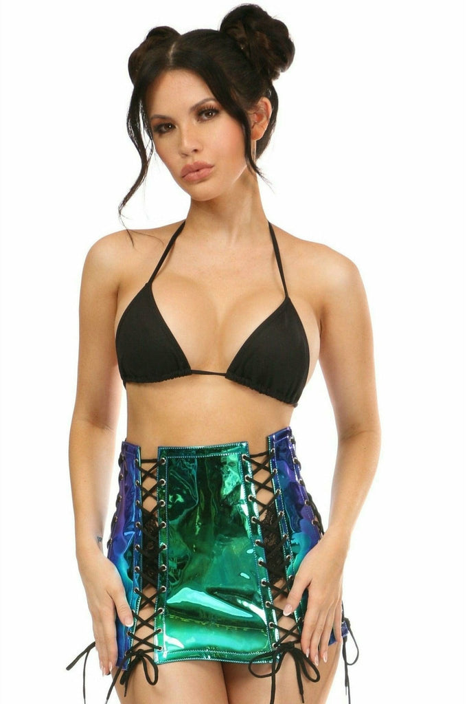 Woman wearing a Blue with Teal Hologram Lace-Up Skirt featuring a bodycon fit and black lace-up detail, perfect for night outings and festivals.