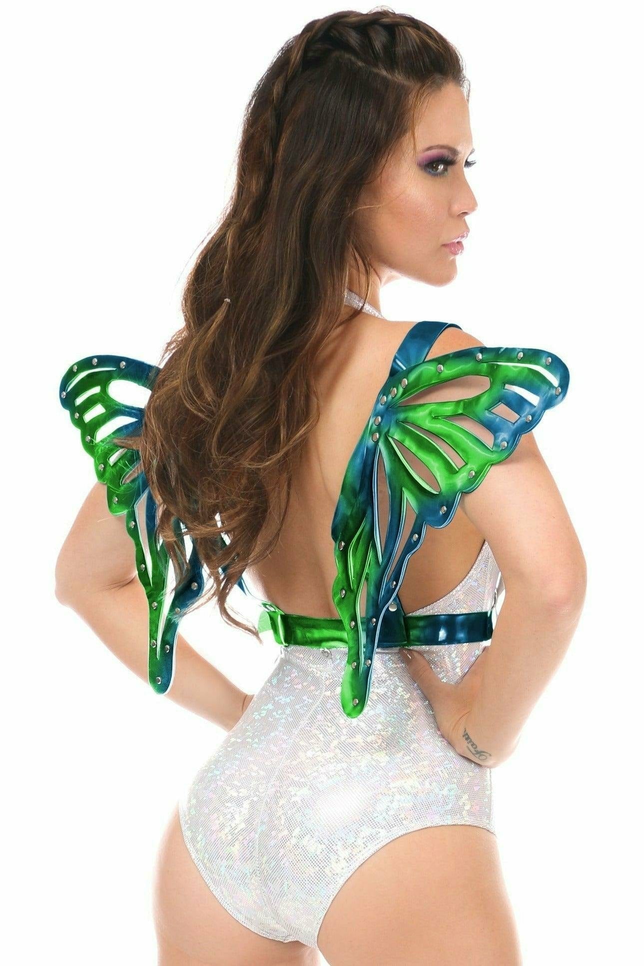 Woman modeling Blue with Teal Hologram Large Butterfly Wing Body Harness; features chrome hardware and adjustable straps, ideal for festivals and bold events.