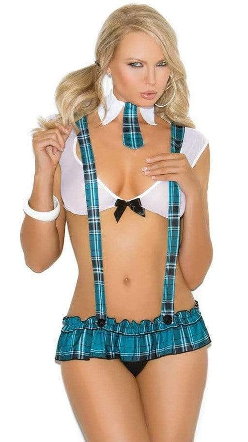 A woman models the Campus Flirt Schoolgirl Lingerie Set, featuring a mesh cami top, pleated plaid mini skirt, suspenders, decorative collar, and tie.