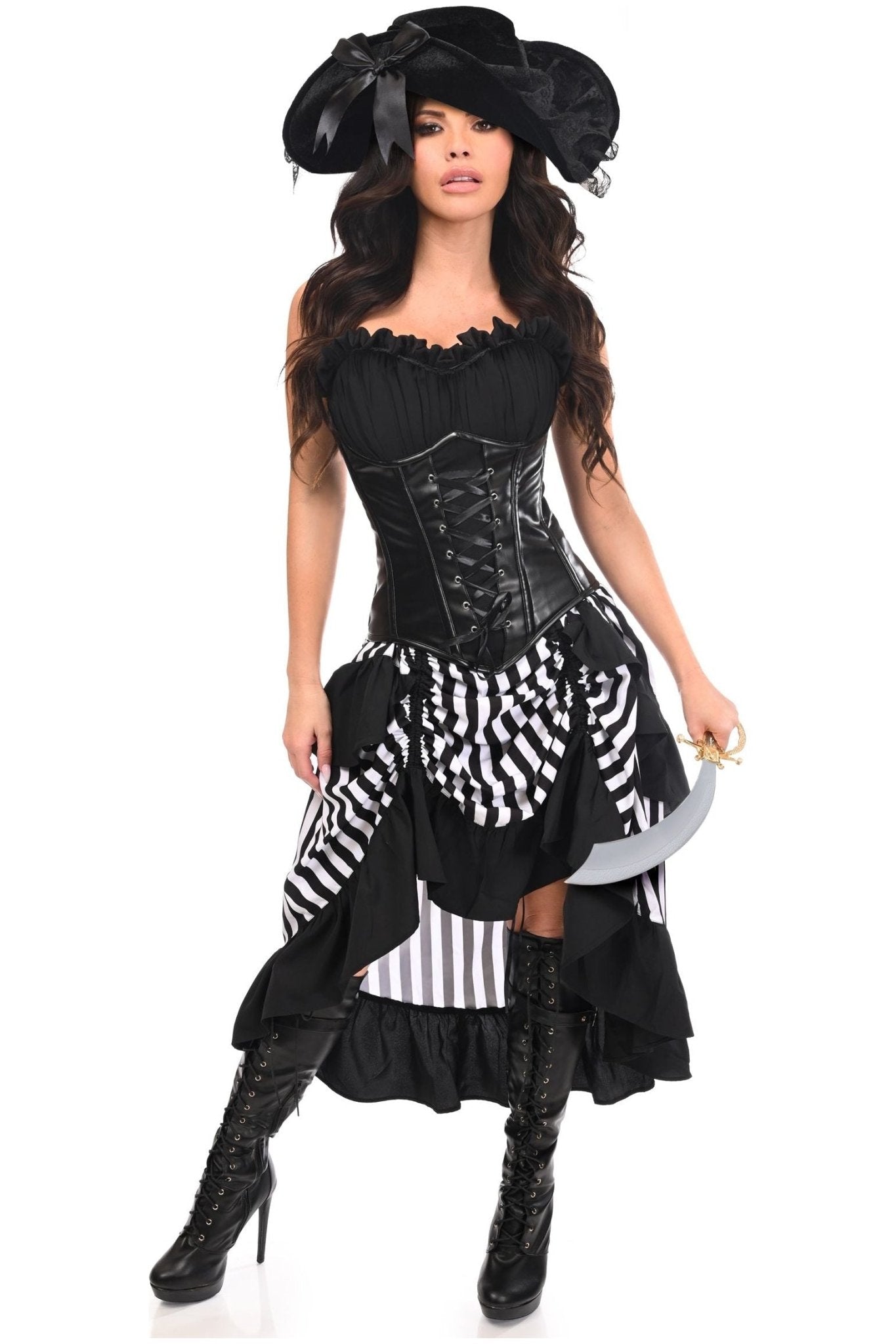 Captain's Treasure 4 PC Black & White Corset Costume featuring a woman in pirate attire with a black corset, tricorn hat, and sword.