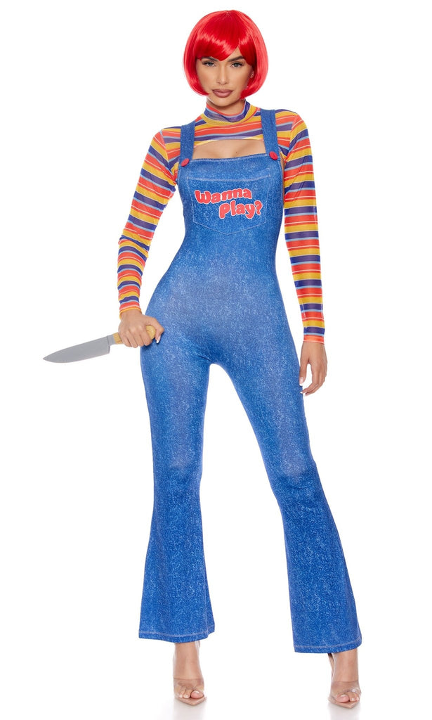 Woman in blue jumpsuit holding a knife, wearing the Child's Doll Play Sexy Halloween Costume with striped bolero and bell-bottom overalls, embodying a playful, spooky look.