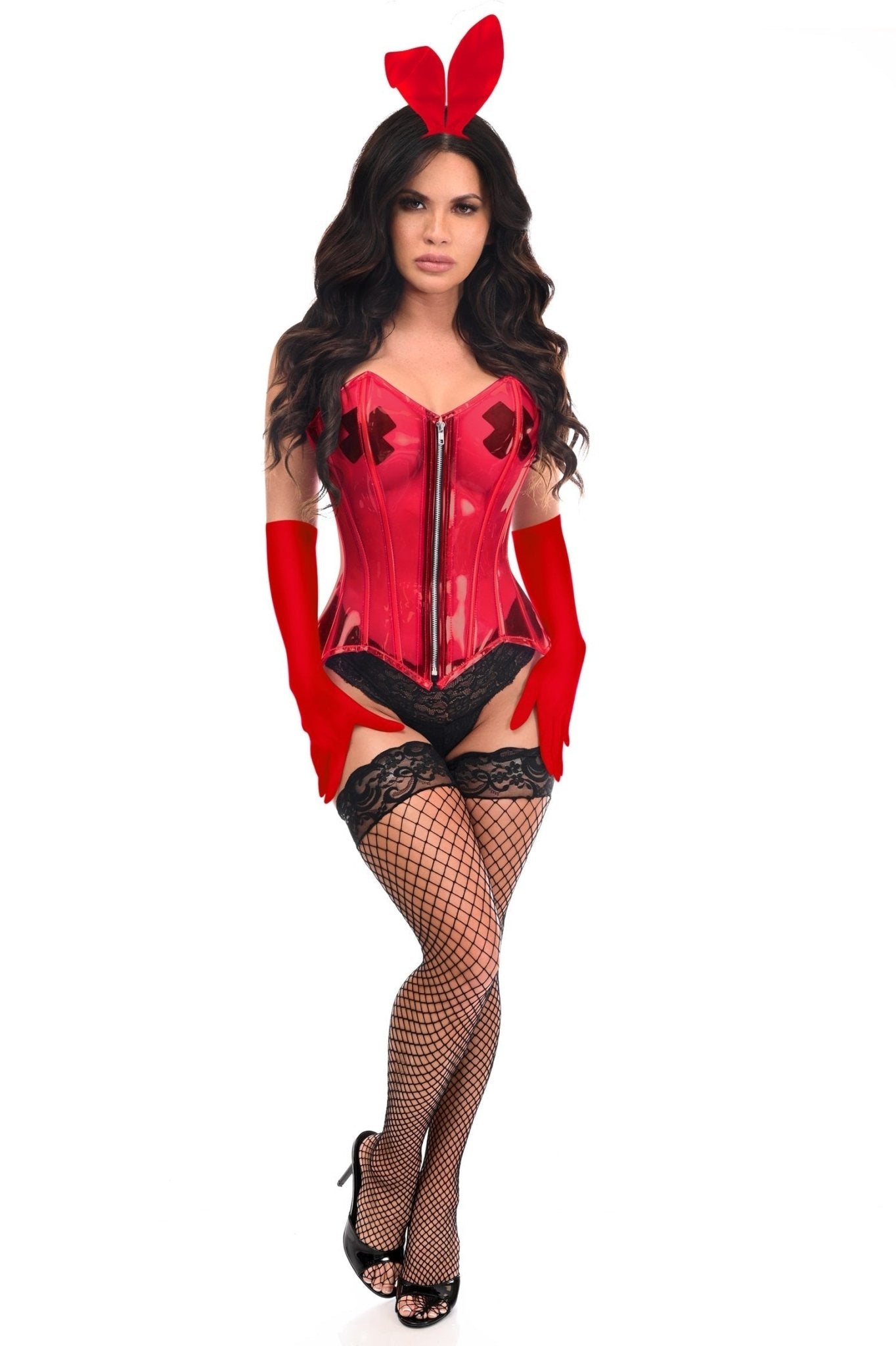 Woman wearing Clear Elegance 4 PC Red Bunny Corset Costume, featuring a red corset, black stockings, and bunny ears, showcasing a sultry, stylish ensemble.
