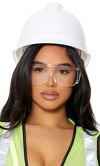 Woman wearing Construction Costume Hat, featuring an adjustable strap closure, complemented by safety goggles, aligning with the Construction Girl Halloween Costume theme.