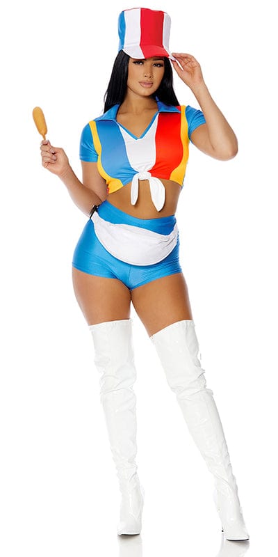 Woman modeling the Cooking Hot Fast Food Employee Halloween Costume, featuring a collared striped crop top, tie front, booty shorts, and matching tall hat.