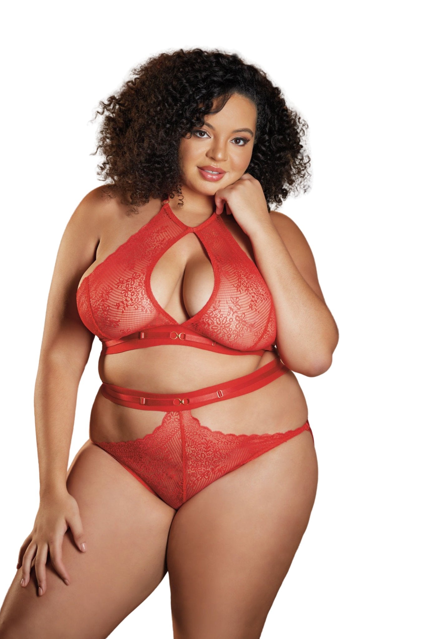 Curvaceous Backless Panty and Lace Halter Set featuring a lace high neck halter top, open back, and thick waistband panty modeled by a woman.