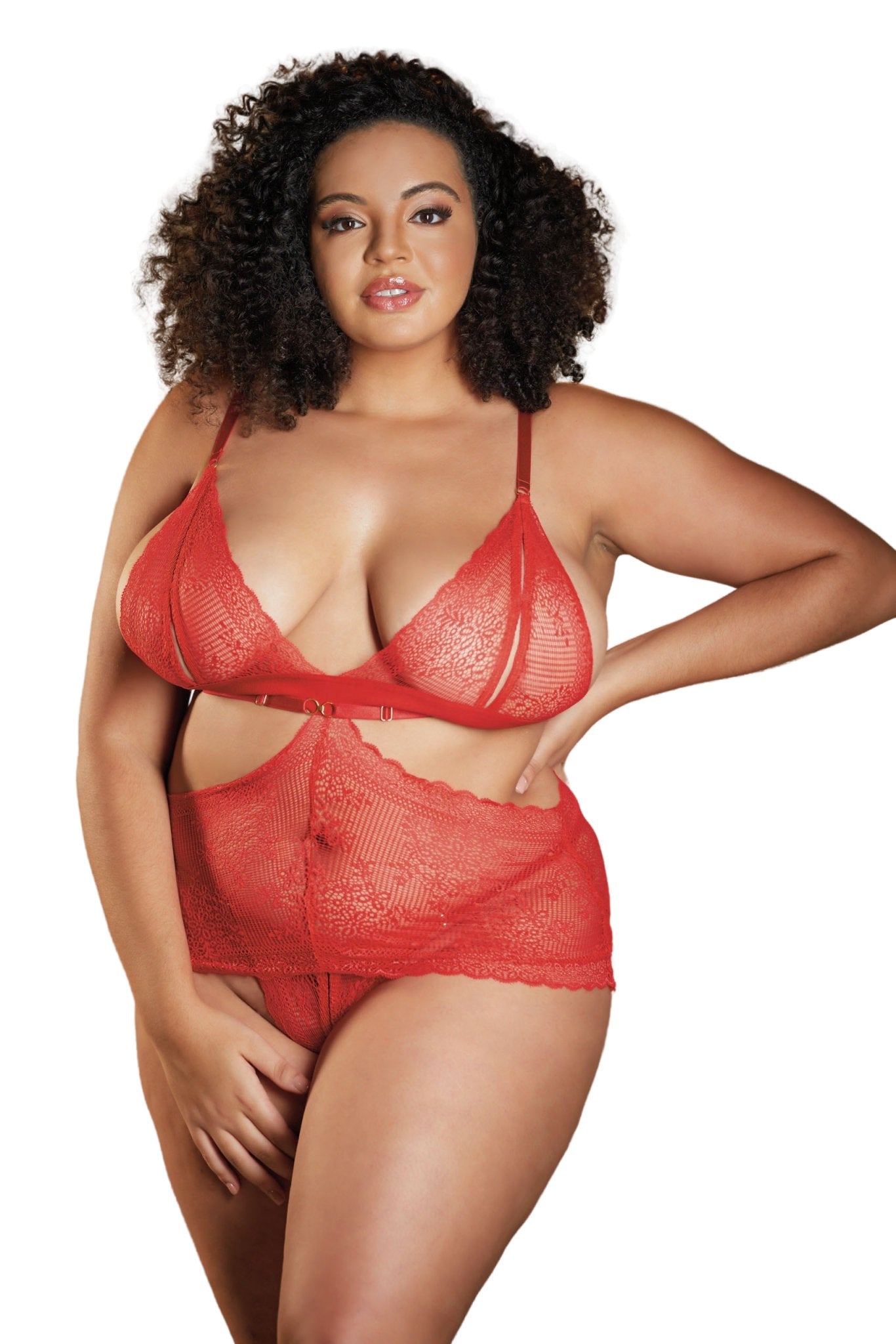 Curve-Hugging Peekaboo Lace Bralette Babydoll on a model, showcasing its asymmetrical lace design with an adjustable G-string, emphasizing seduction and style.