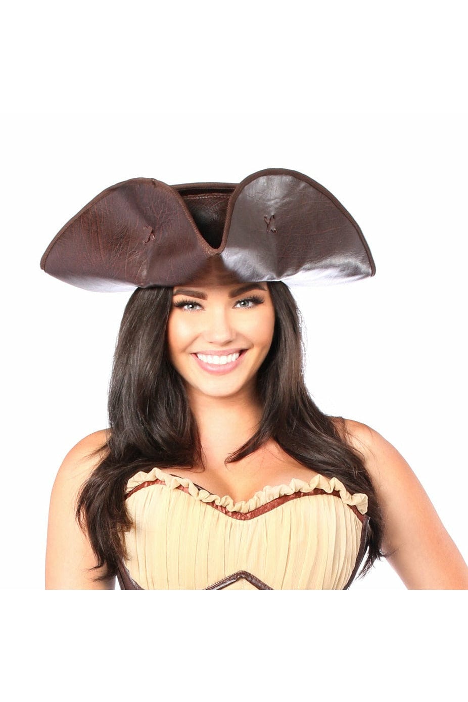 Woman wearing a Dark Brown Distressed Faux Leather Pirate Hat, smiling. The hat is bendable, enhancing her pirate-themed attire for a swashbuckling look.