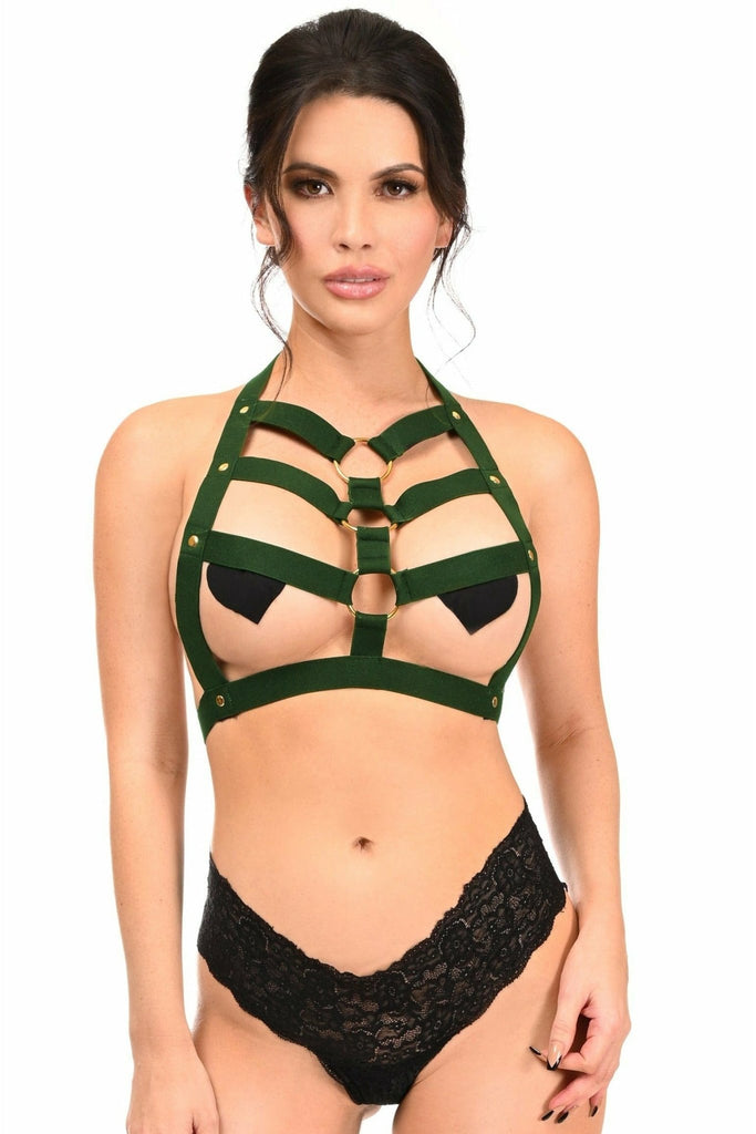 Dark Emerald Green Stretchy Body Harness with Gold Hardware Musotica.com