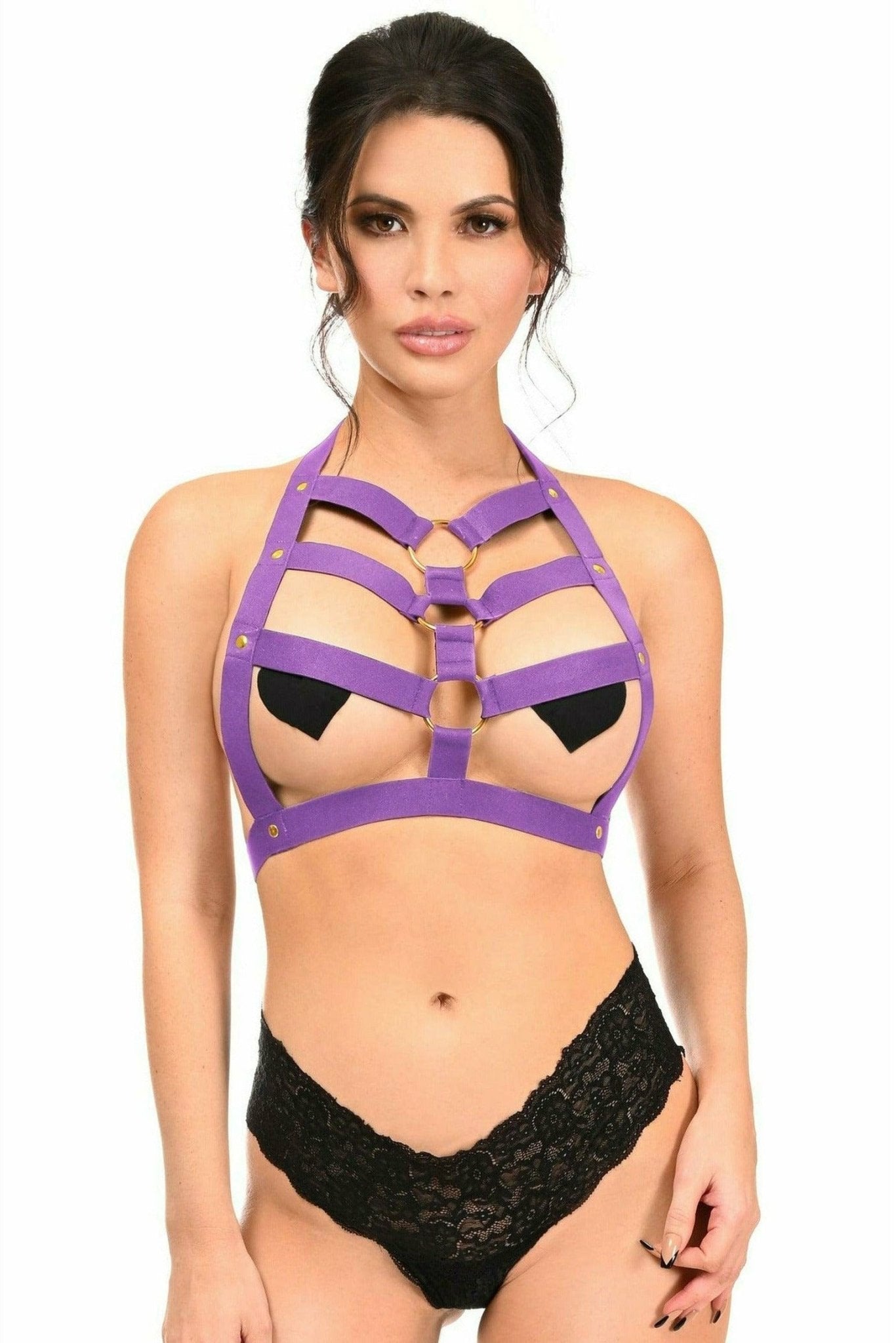 Dark Purple Stretchy Body Harness with Gold Hardware Musotica.com