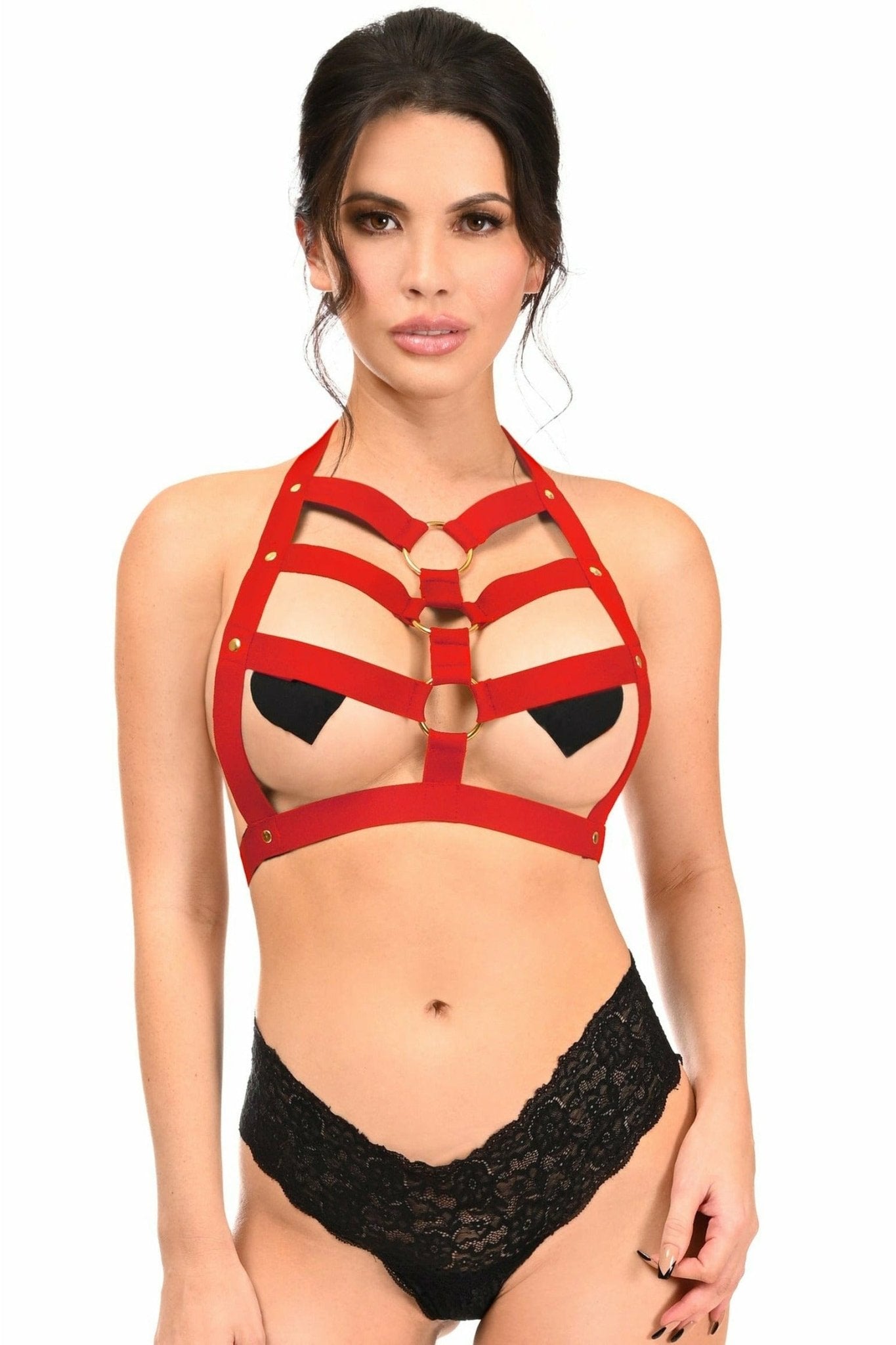 Dark Red Stretchy Body Harness with Gold Hardware Musotica.com