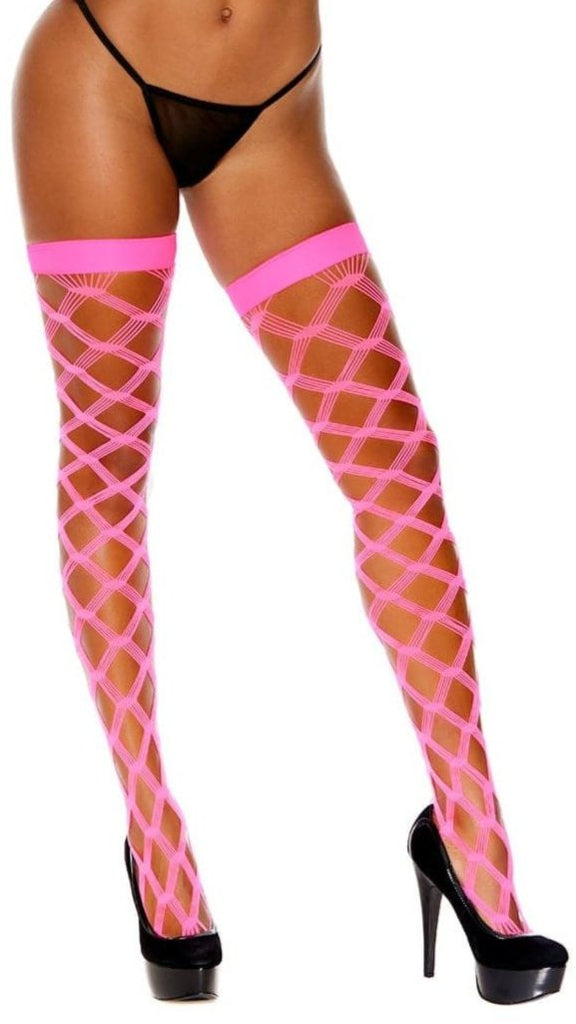 Woman modeling Dazzle and Shine Pink Diamond Net Thigh High Stockings, showcasing the intricate design and fashionable look against a black garment backdrop.