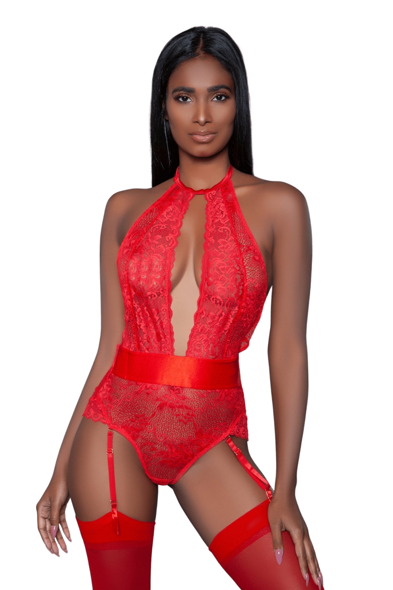 Deep Front Floral Lace Bodysuit featuring semi-sheer floral lace, sultry satin trim, halter neck, cut-out chest, and elastic waistband with detachable suspenders.