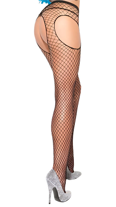 Woman in Delectable Diamond Net Suspender Pantyhose with intricate diamond net design and open crotch feature, accessorized with a feather boa.