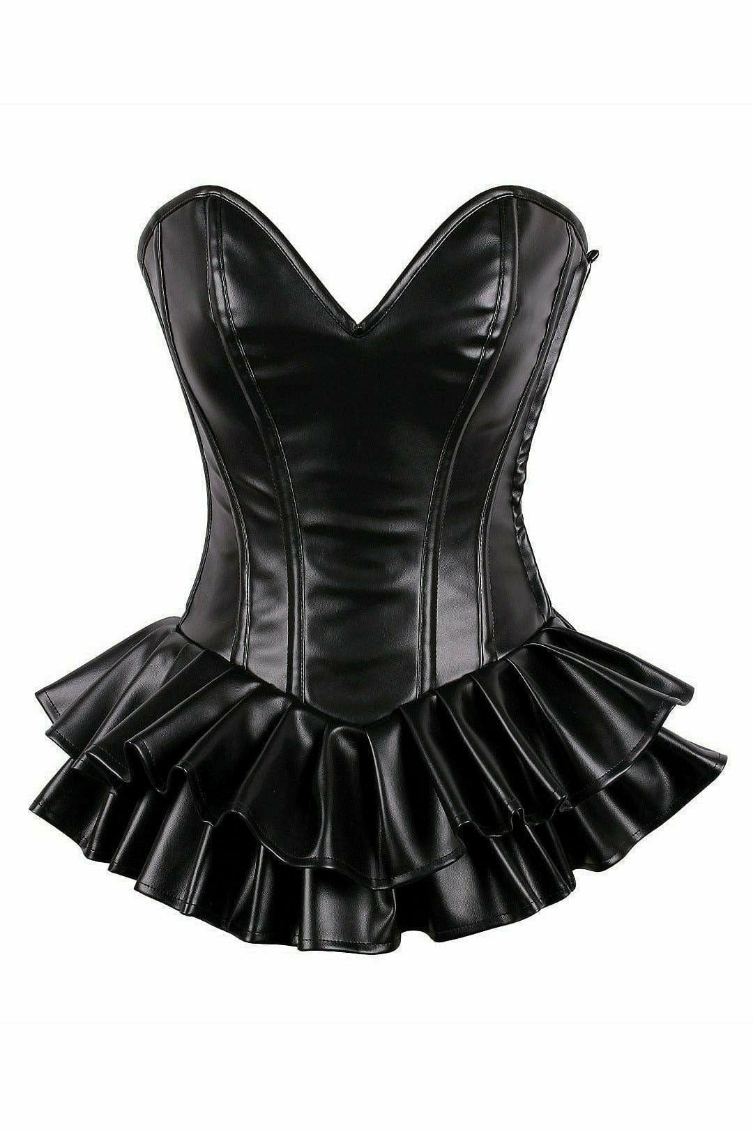 Deluxe Black Faux Leather Steel Boned Mini Corset Dress featuring ruffles and a sweetheart neckline, highlighted by steel boning and premium zipper closure.