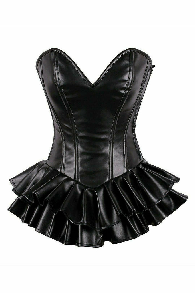 Deluxe Black Faux Leather Steel Boned Mini Corset Dress Musotica.com
