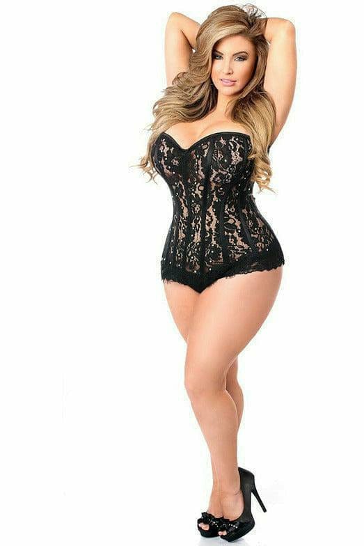 Deluxe Black Lace Steel Boned Corset with Rhinestones Musotica.com
