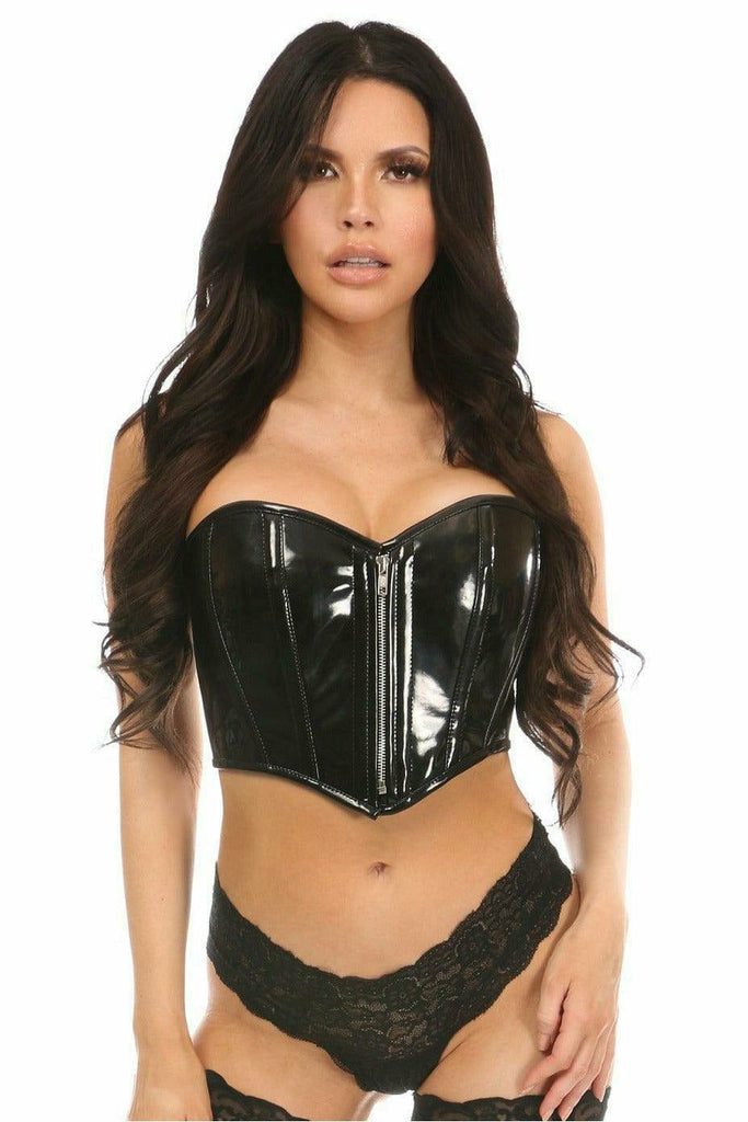 Woman modeling the Deluxe Black Patent Bustier Top with Zipper, featuring steel boning and a front zipper closure, highlighting its stylish and sexy design.