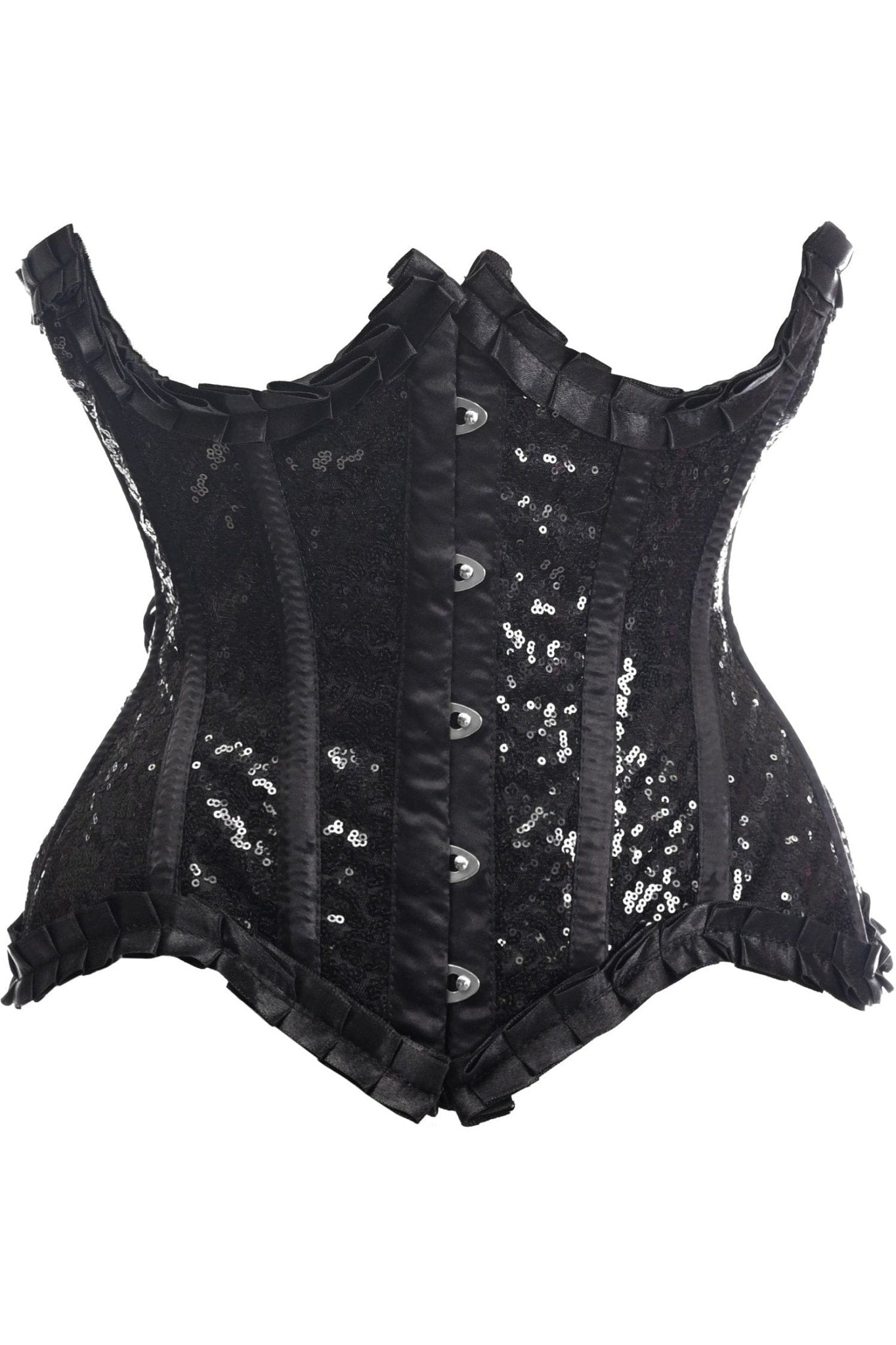 Deluxe Black Satin & Sequin Underwire Corset with sequins, steel boning, front busk closure, and lace-up back for shaping and support.