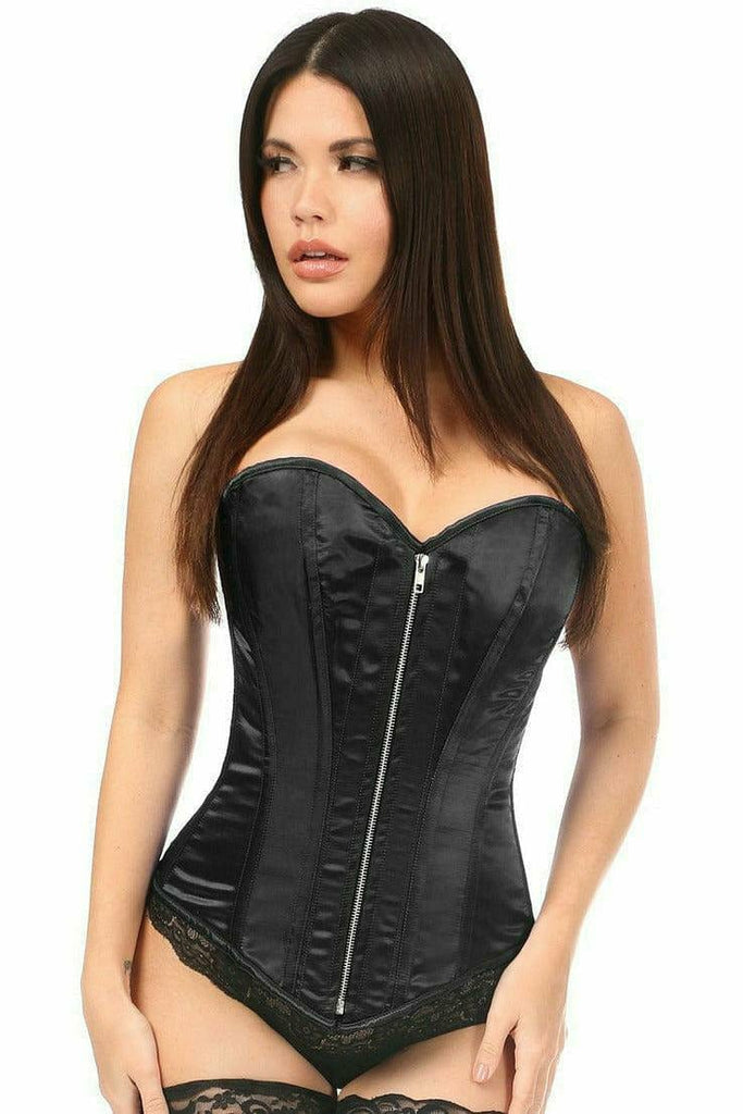 Woman modeling the Deluxe Black Satin Steel Boned Corset, highlighting its structure and fit, perfect for cinching curves with spiral steel bones and sleek zipper closure.