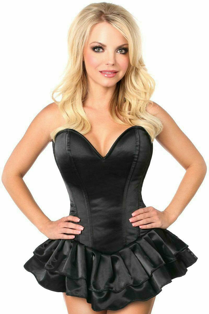 Deluxe Black Satin Steel Boned Corset Dress on model, showcasing sweetheart neckline and side zipper, highlighting its elegant, structured design with spiral steel bones.