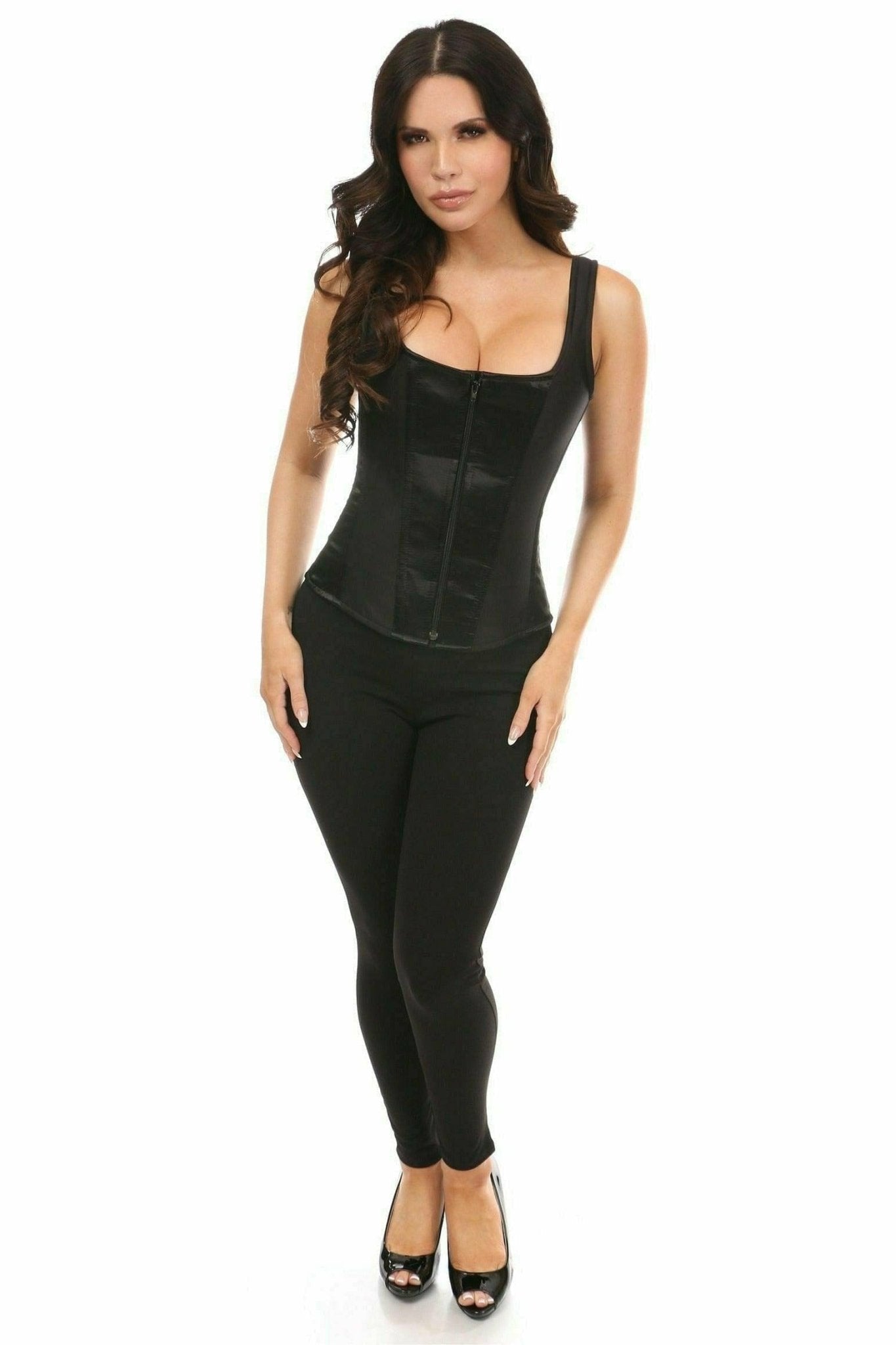 Deluxe Black Satin Steel Boned Corset with Straps Musotica.com