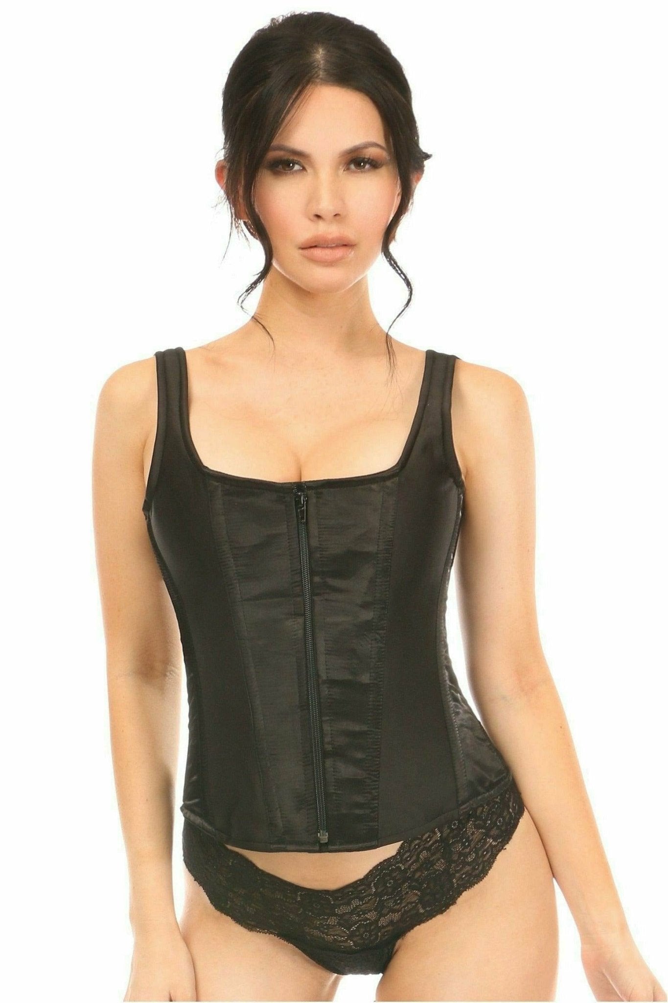 Woman wearing Deluxe Black Satin Steel Boned Corset with Straps, showcasing front zipper, spiral steel bones, and adjustable fit for enhanced shape and comfort.