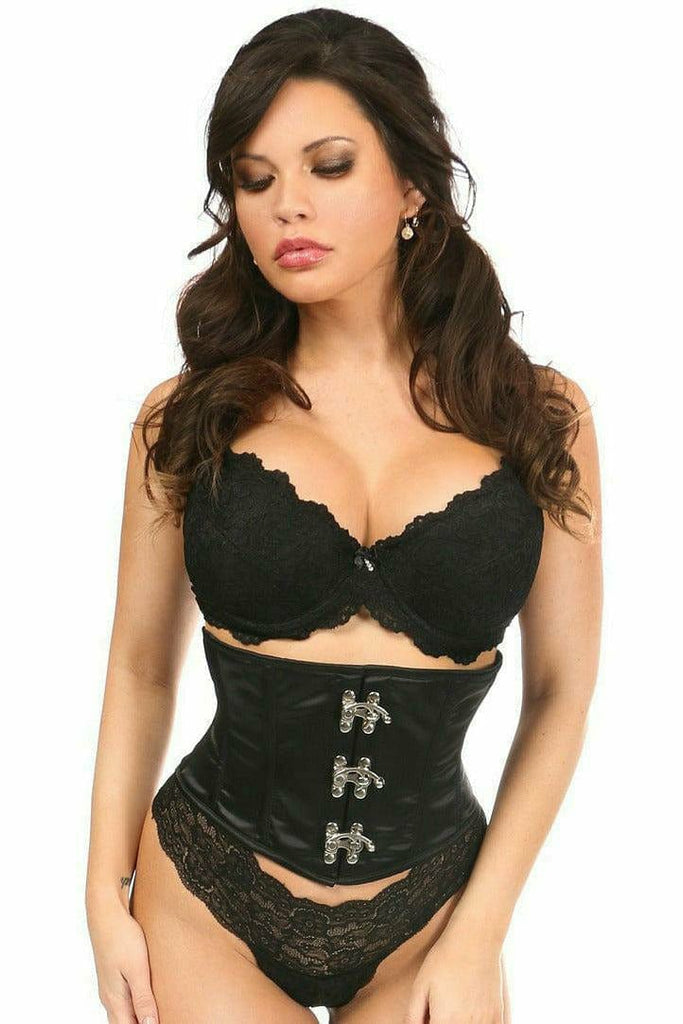 Deluxe Black Satin Steel Boned Mini Cincher with Clasps on a model, showcasing its elegant structure with front clasp closure and supportive steel boning.