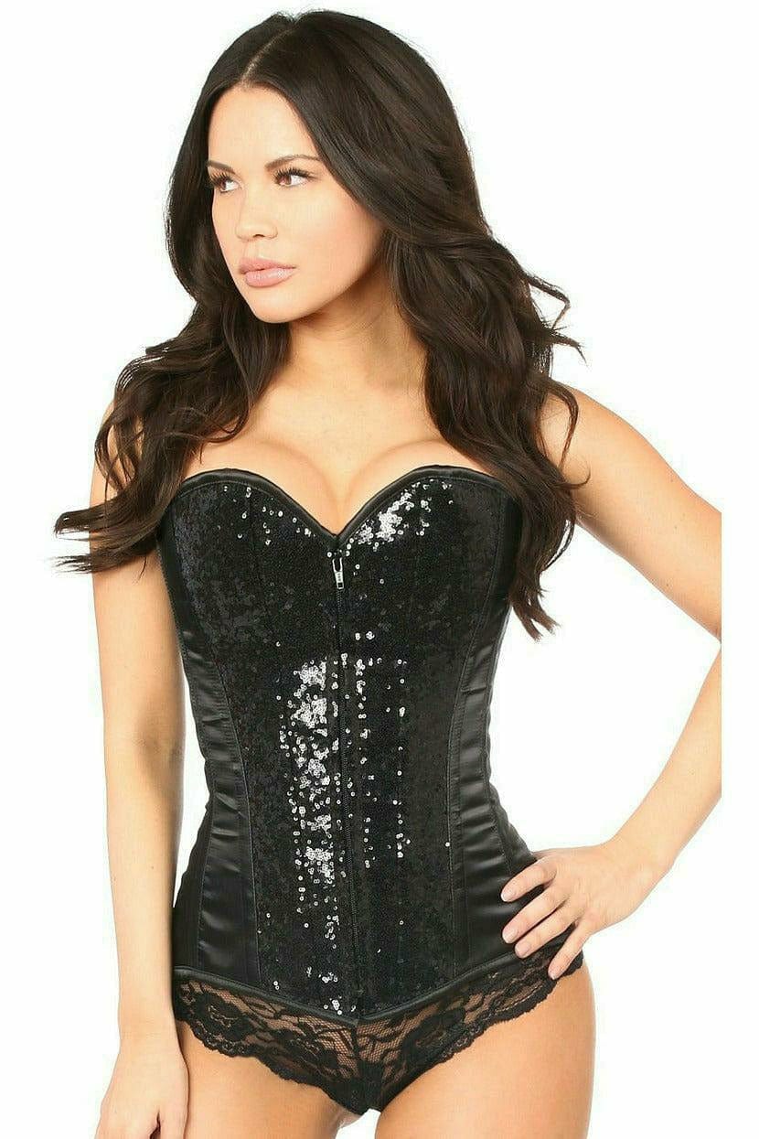 Woman modeling the Deluxe Black Sequin Steel Boned Corset featuring sequin details, zipper closure, and waist-cinching design, showcasing its elegant fit and structure.