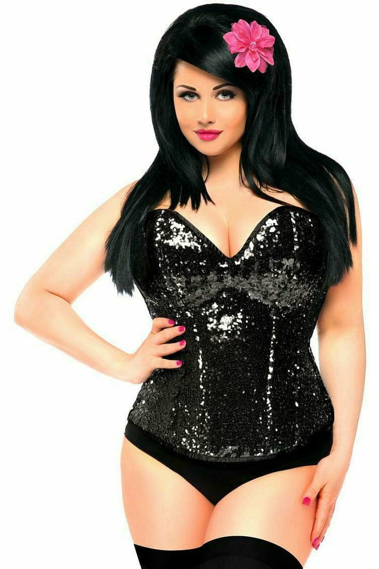 Woman wearing Deluxe Black Sequin Steel Boned Corset with visible spiral steel boning and side zipper, showcased in a fashion model pose.