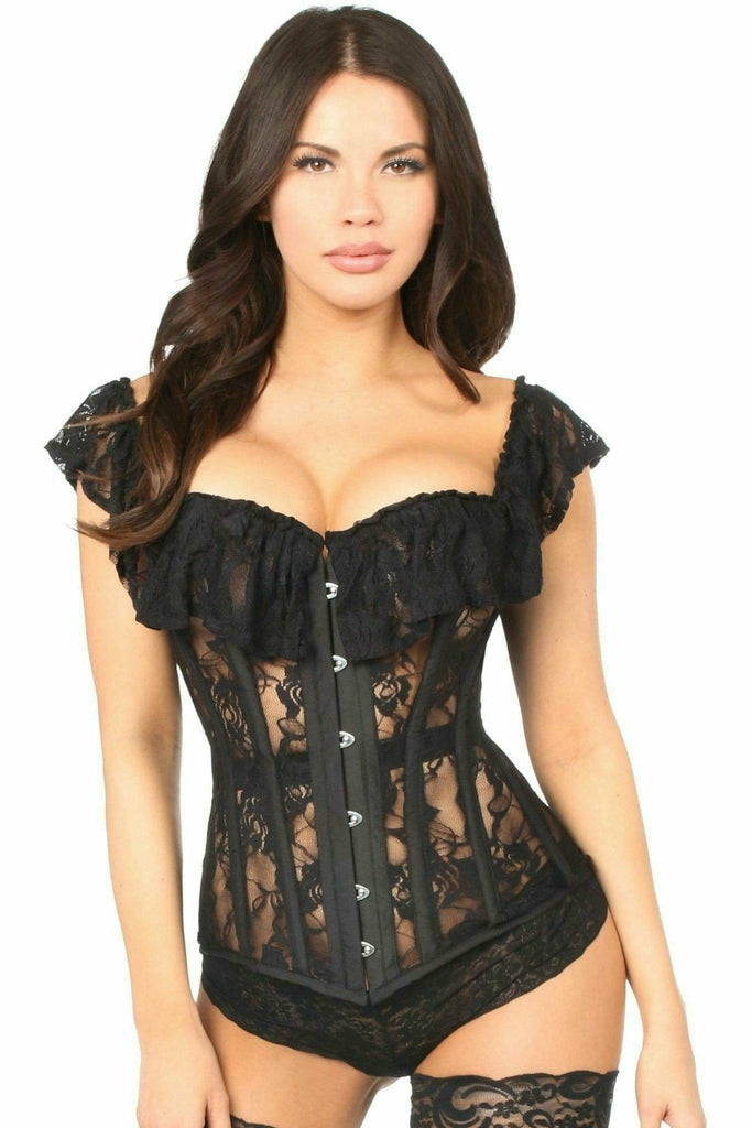 Woman modeling the Deluxe Black Sheer Lace Steel Boned Corset, highlighting its elegant lace design and structured fit with visible steel boning and corset lacing.