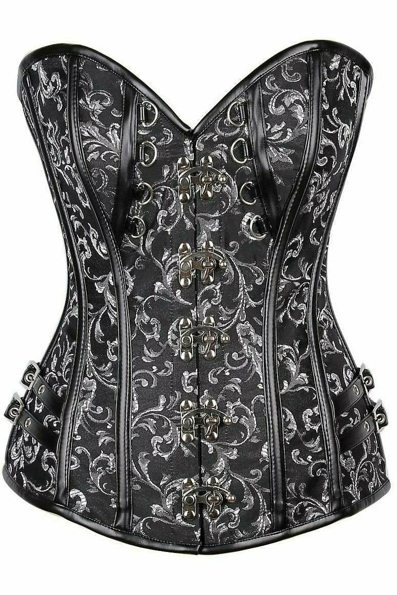 Deluxe Brocade & Faux Leather Steel Boned Corset with clasp closure, D-ring accents, and spiral steel bones for a vintage-inspired, supportive fit.