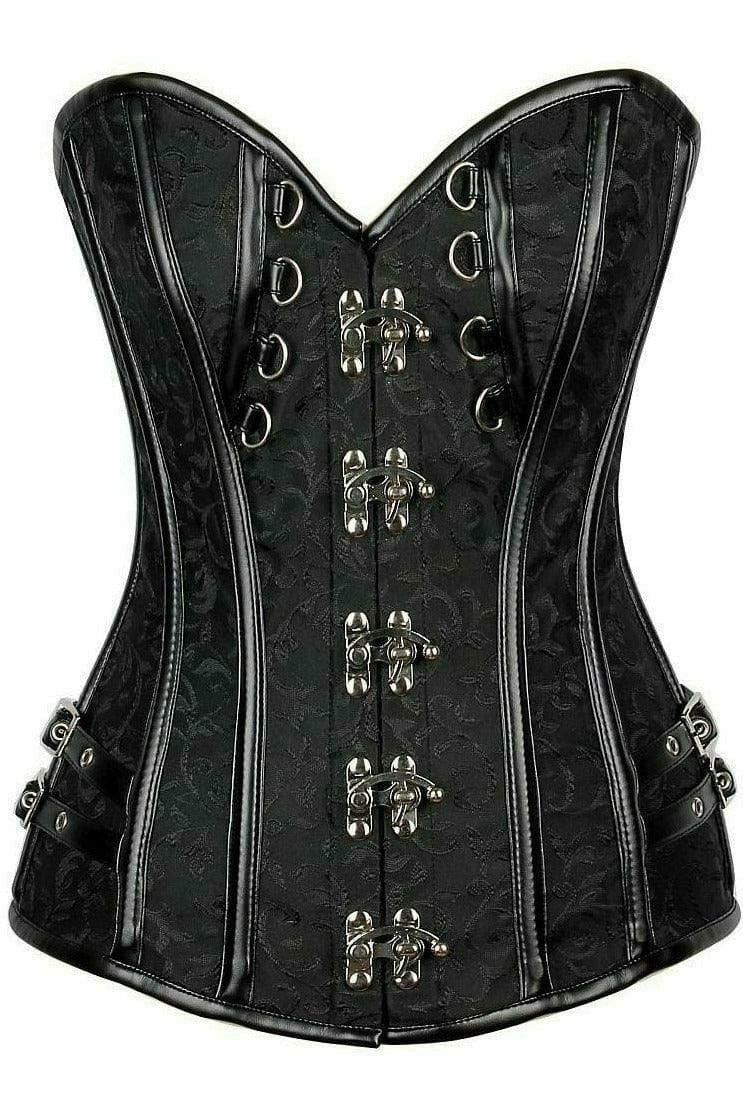 Deluxe Brocade & Faux Leather Steel Boned Corset with metal buckles, featuring D-rings, spiral steel bones, and premium clasp closure for a royal upgrade.
