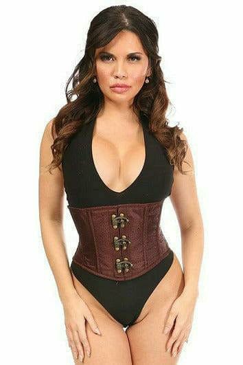 Woman modeling the Deluxe Brown Brocade Steel Boned Mini Cincher with Clasps, showcasing its form-fitting design, steel boning, and front clasp closure.