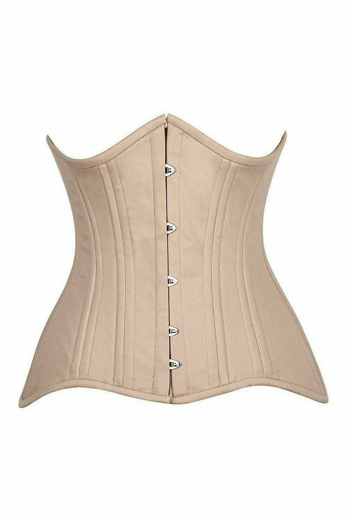 Close-up of the Deluxe CURVY Nude Cotton Double Steel Boned Underbust Waist Cincher Corset, highlighting its front busk closure and spiral steel boning for stability.