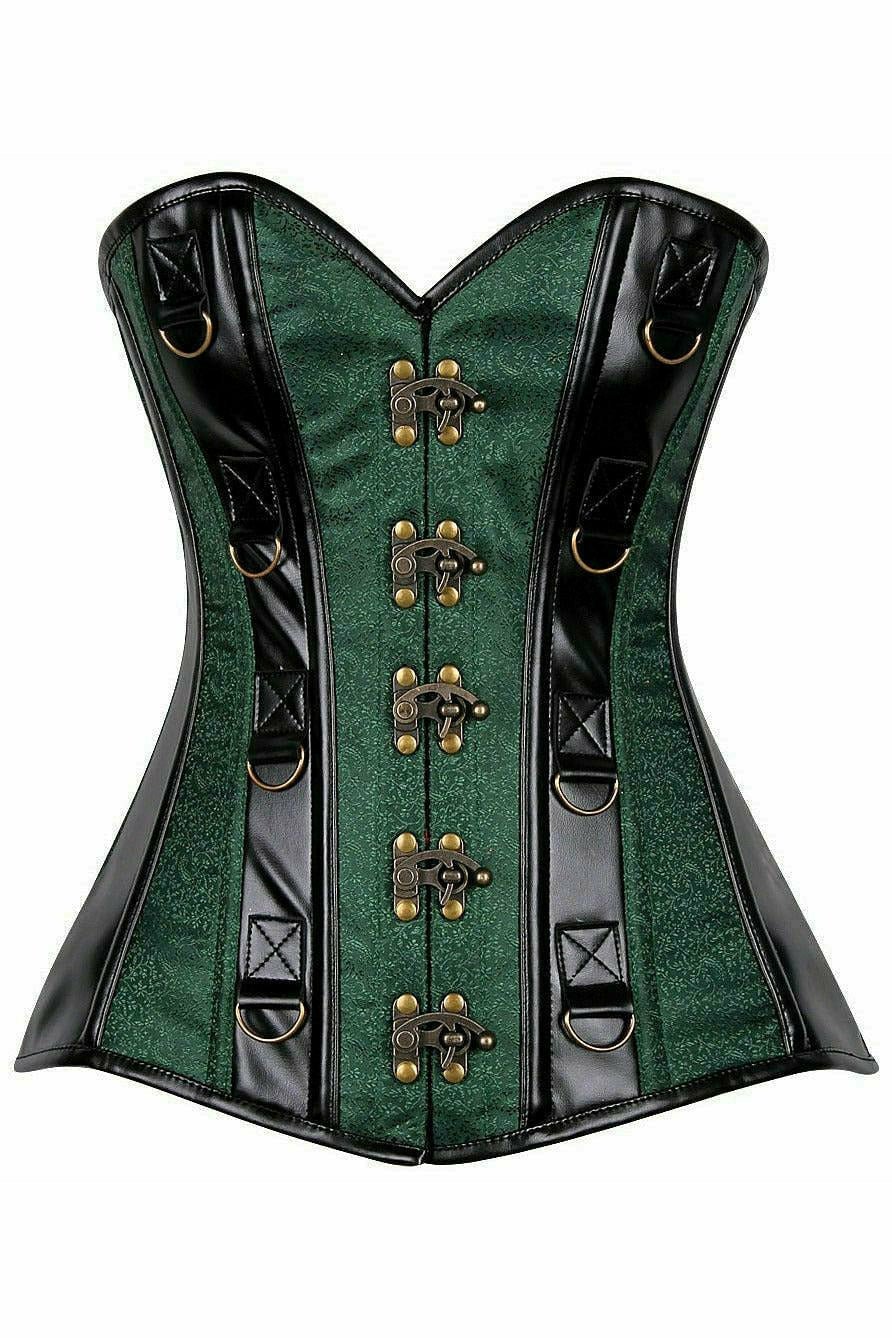 Deluxe Dark Green Brocade & Faux Leather Steel Boned Corset Musotica.com
