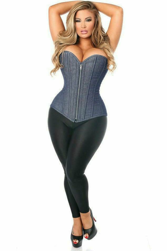 Deluxe Denim Blue Steel Boned Overbust Corset with Zipper Musotica.com