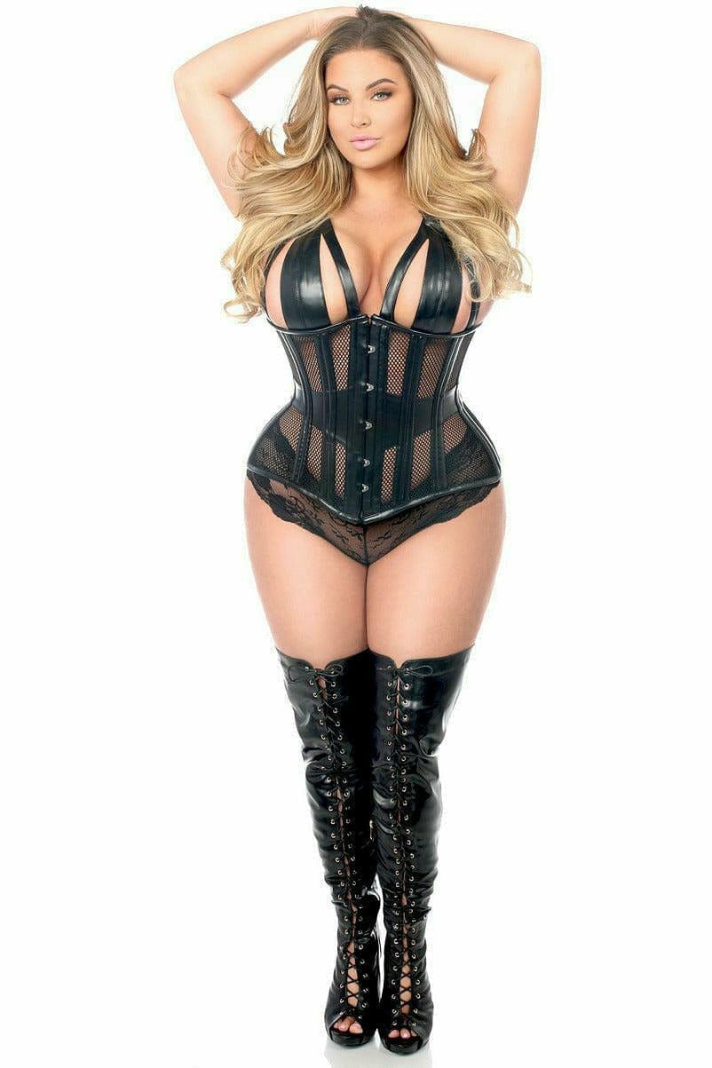 Deluxe Faux Leather & Fishnet Steel Boned Halter Top Corset Musotica.com