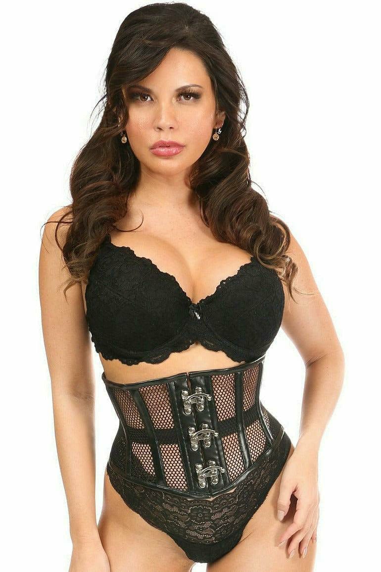 Deluxe Fishnet & Faux Leather Steel Boned Mini Cincher with Clasps Musotica.com