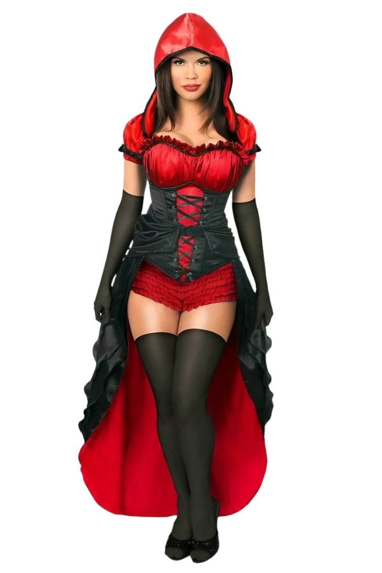Woman modeling Deluxe Five Piece Red Hot Riding Hood Corset Costume, featuring a satin corset, detached skirt, removable garters, gloves, and bolero jacket.