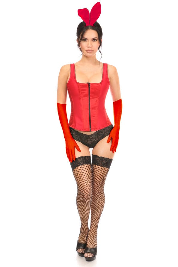 Deluxe Four Piece Classic Red Bunny Corset Costume featuring a woman wearing a red corset with black stockings, showcasing a secure fit and elegant design details.