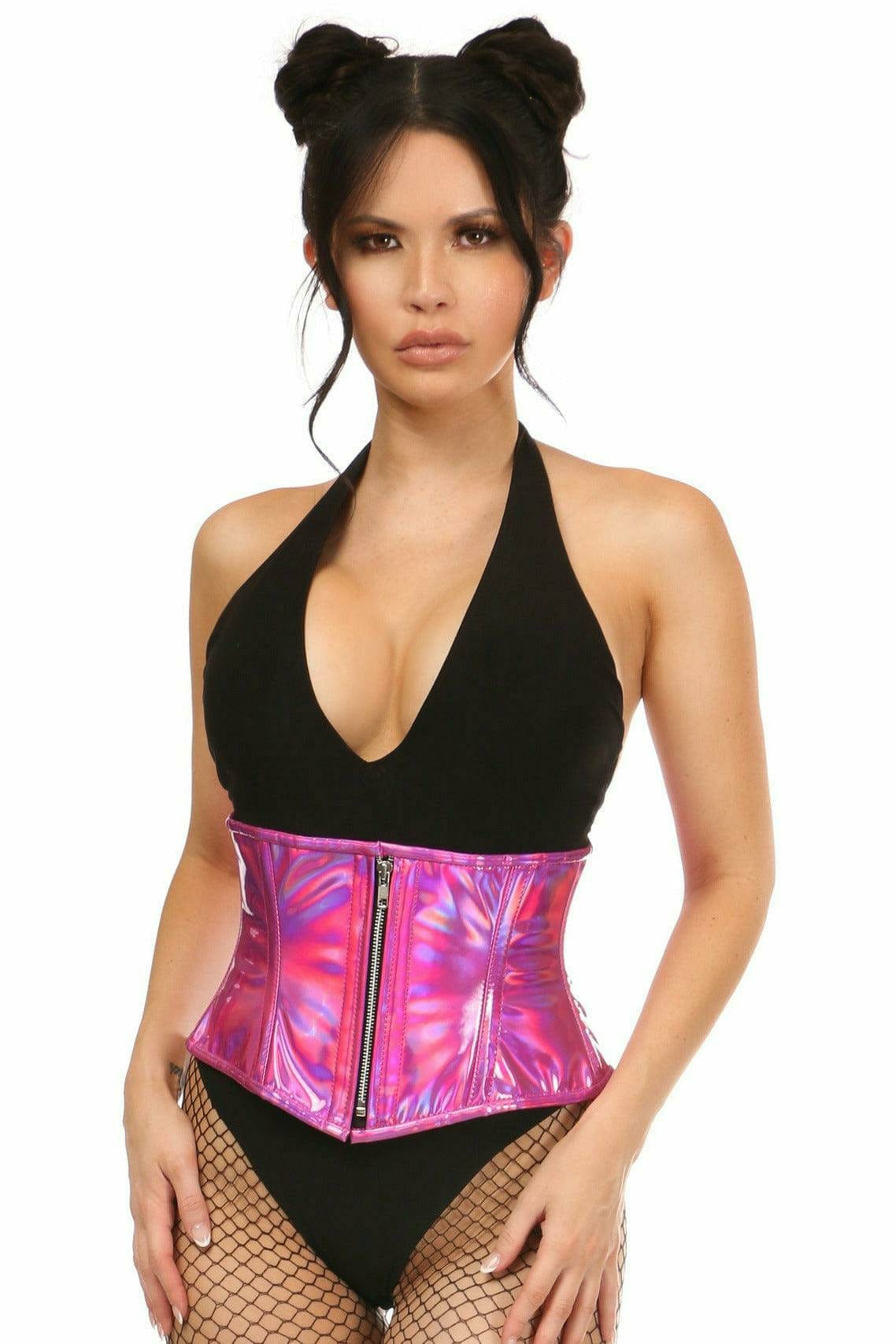 A woman models the Deluxe Fuchsia Hologram Steel Boned Mini Cincher with fishnet tights, showcasing its structure and style.