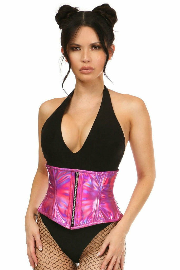 A woman models the Deluxe Fuchsia Hologram Steel Boned Mini Cincher with fishnet tights, showcasing its structure and style.