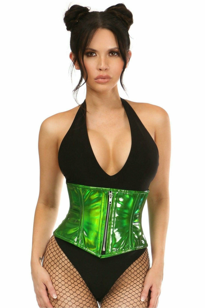Woman wearing Deluxe Green Hologram Steel Boned Mini Cincher with front zipper and steel bones, styled with fishnet pantyhose, showcasing a fashion-forward, comfortable fit.